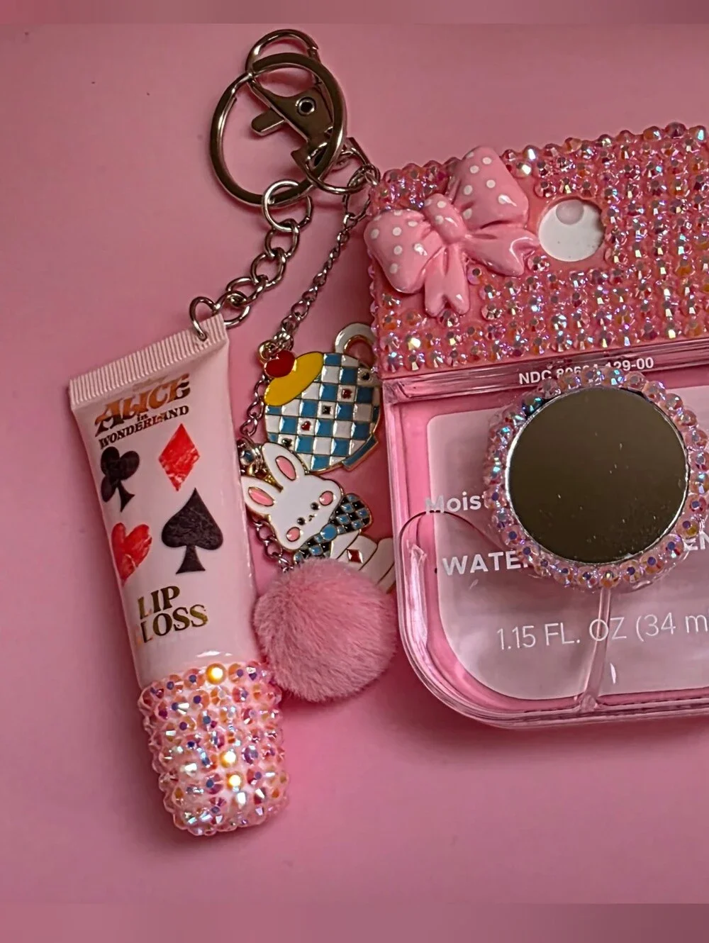Disney Alice And Wonderland Crystal Bling Hand Sanitizer Keychain with Mirror